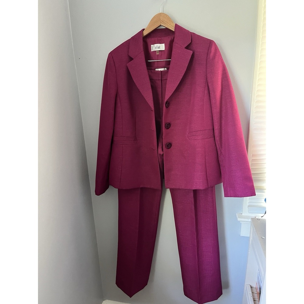 Le Suit Women's Purple fuchsia Herringbone Lined 2pc Pant Suit Notch Lapel Sz 12